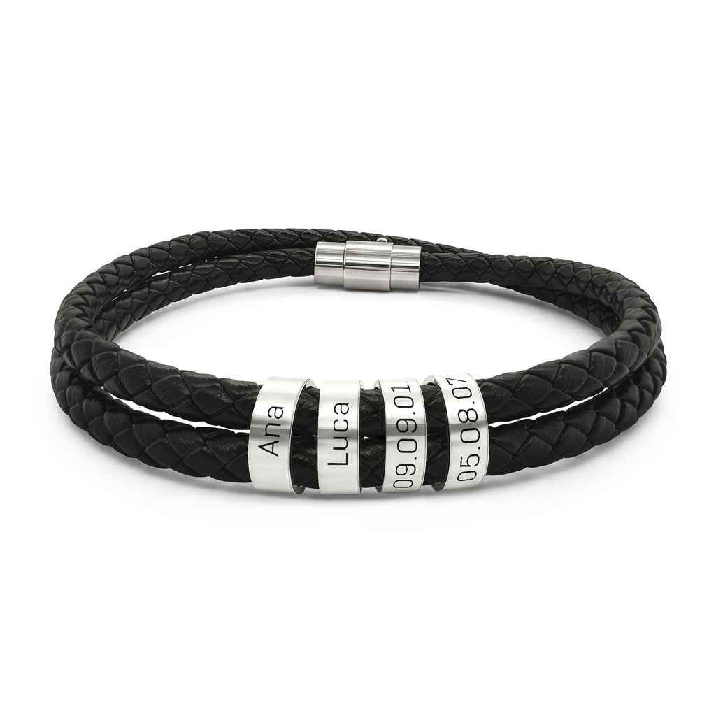Engravable Black Braided Leather Bracelet with Stainless Steel Beads