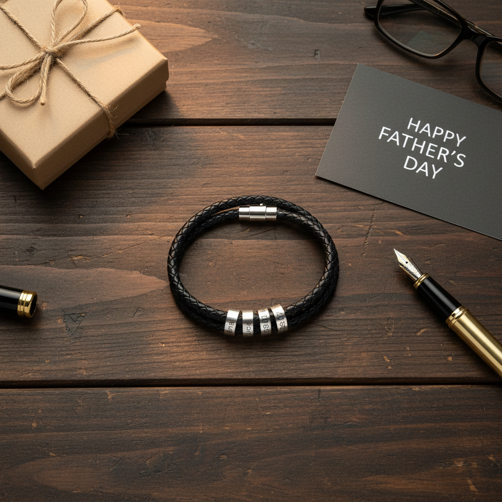 Engravable Black Braided Leather Bracelet with Stainless Steel Beads