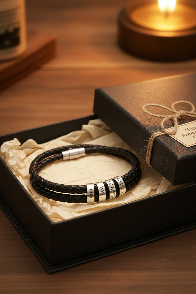 Engravable Black Braided Leather Bracelet with Stainless Steel Beads