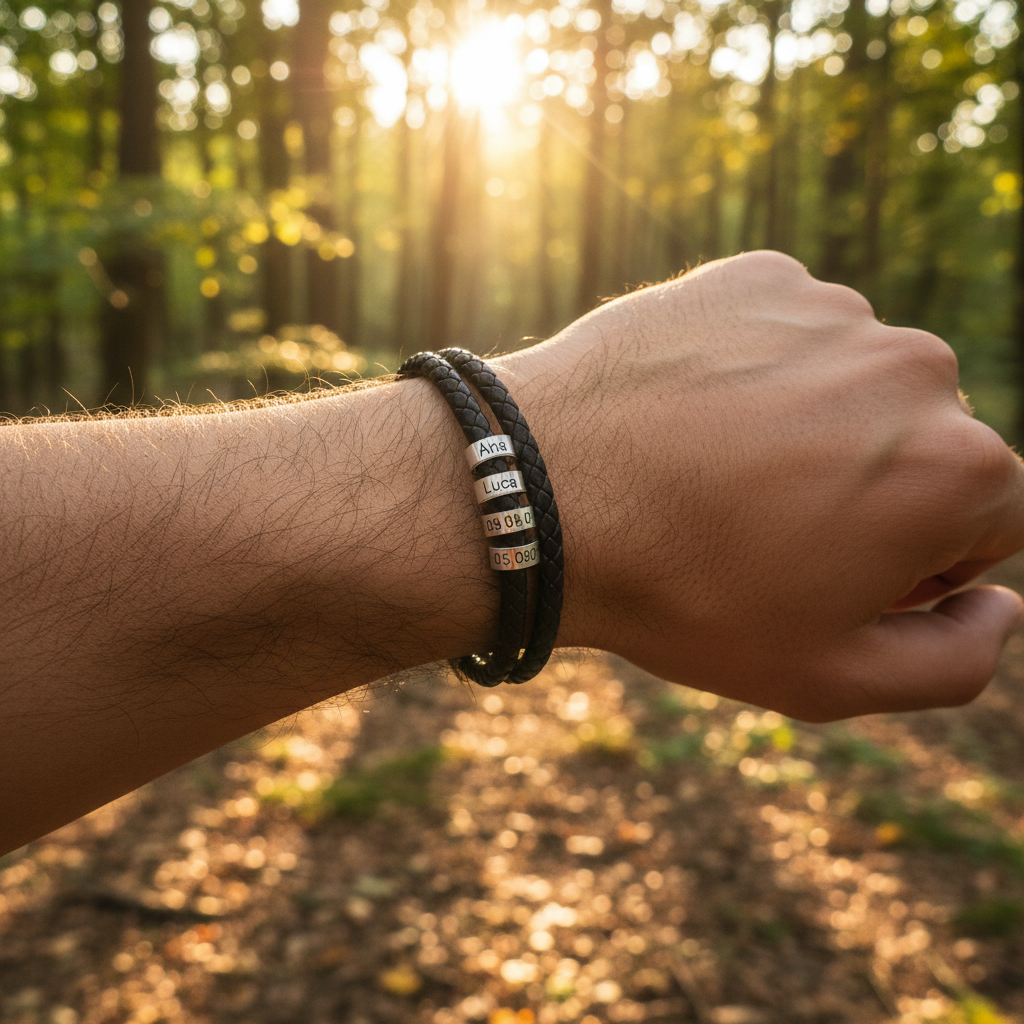 Engravable Black Braided Leather Bracelet with Stainless Steel Beads